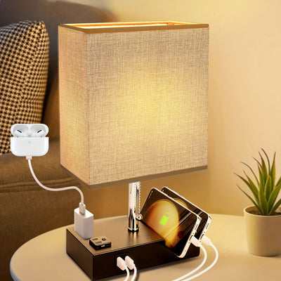 1pc 3-Color Temperature Bedside Lamp, Nightstand Lamp Table Lamp, Desk Lamp With 2 USB And AC Outlet, Bedside Phone Stands For Bedroom, Living Room, Office, LED Bulb Included