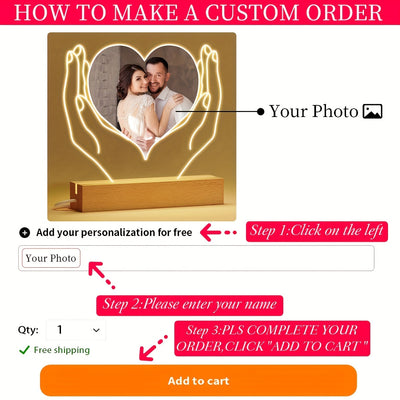 [Customized] 1pc Personalized Custom Photo LED Light Light Up Sign Acrylic Heart Plaque Wooden Stand Night Light Table Lamp For Man Woman, For Lover Anniversary Birthday Wedding, Photo Customized