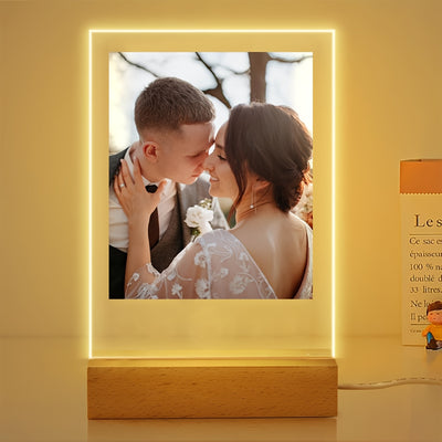 [Customised] 1pc Personalized Custom Photo LED Light Light Up Sign Acrylic Plaque Wooden Stand Night Light Table Lamp For Parents Boys Girls Birthday Anniversary Wedding Gift Customized Birthday Gift