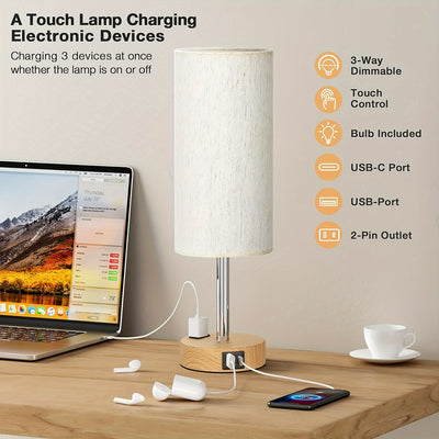 Touch Control LED Table Lamp - 3-Step Dimmer, USB C & AC Charging Hub, Wood Base with Flaxen Shade - Perfect for Bedroom, Living Room & Office, Includes LED Bulb