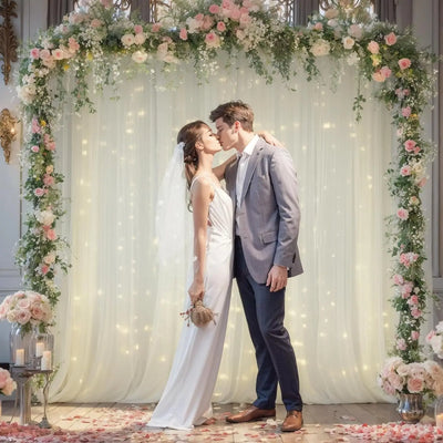 20ftx10ft Ivory Tulle Backdrop Curtain with Lights, 4 Panels 5x10ft Sheer Wrinkle Free Backdrop Drapes for Baby Shower Birthday