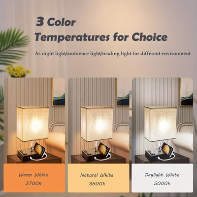 1pc 3-Color Temperature Bedside Lamp, Nightstand Lamp Table Lamp, Desk Lamp With 2 USB And AC Outlet, Bedside Phone Stands For Bedroom, Living Room, Office, LED Bulb Included