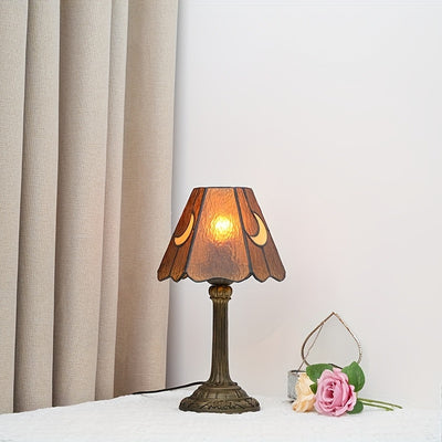 1pc Retro Bedroom Bedside Table Light, Indoor Decoration, Vintage Homestay Stained Glass LED Glass Moon Table Lamp