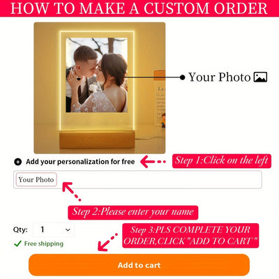 [Customised] 1pc Personalized Custom Photo LED Light Light Up Sign Acrylic Plaque Wooden Stand Night Light Table Lamp For Parents Boys Girls Birthday Anniversary Wedding Gift Customized Birthday Gift